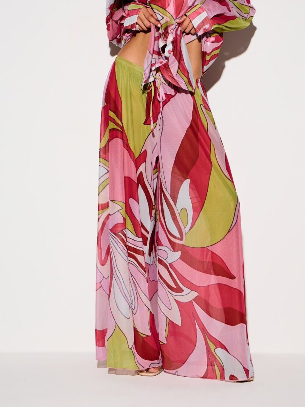 Boho Women's Wide Leg Sheer With Bold Abstract Drawstring Waist Palazzo Pants